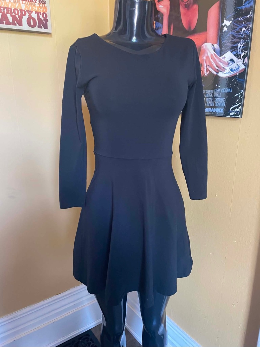 Talula Black Long-Sleeve Black Fit-and-Flare Dress Cutout Back XS